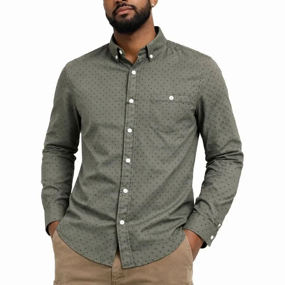 Express Olive Green Long Sleeve Button-Up Shirt with Micro Dot Pattern